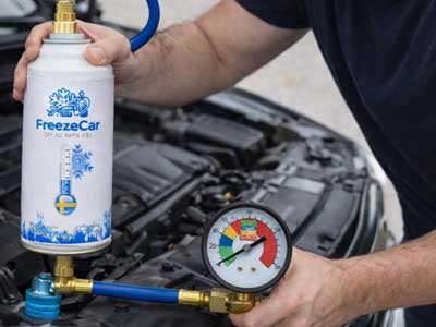 Slangen kopplad till bilens lågtrycksport och burken hålls upp och ner